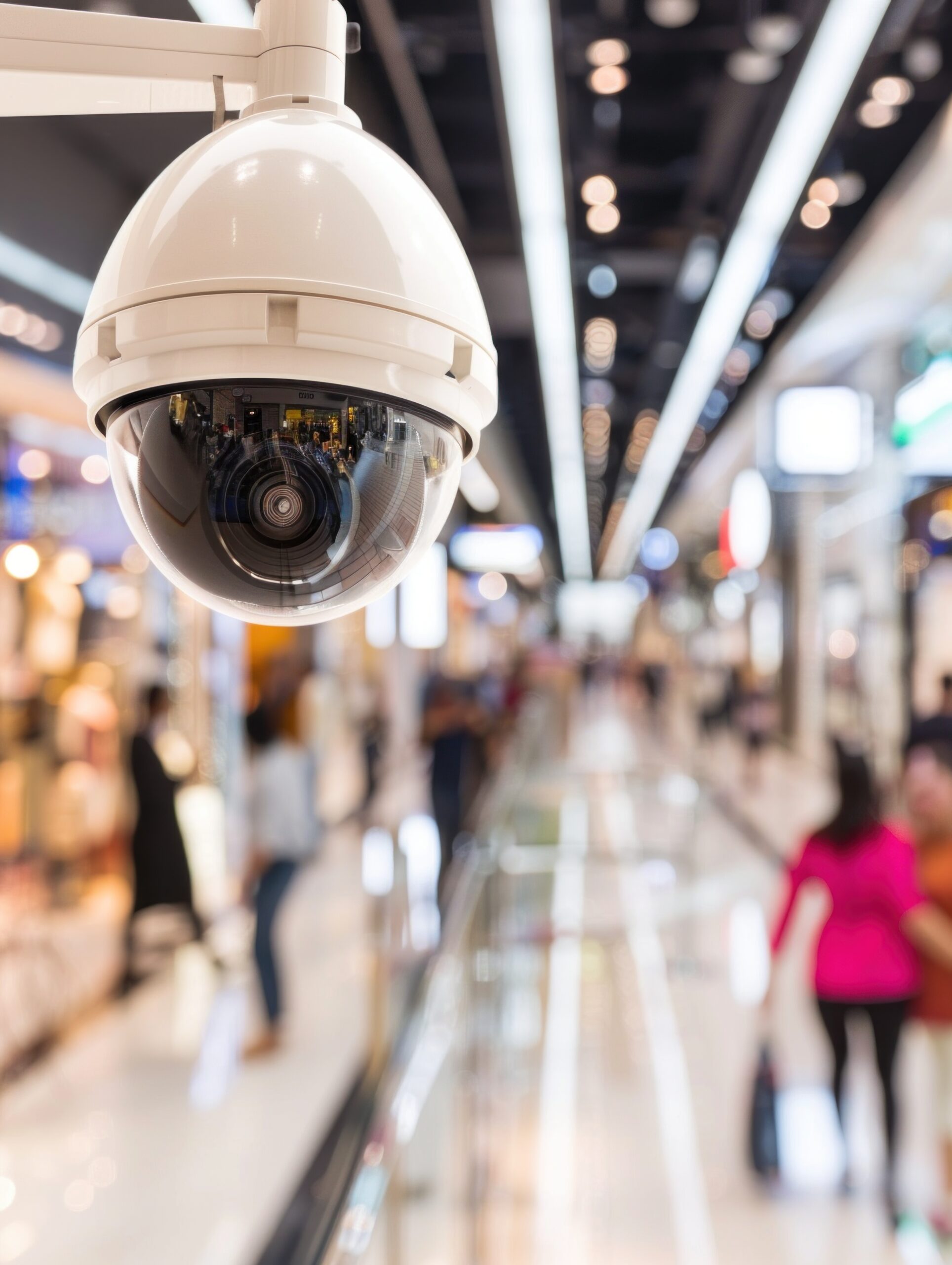 Surveillance camera overlooking busy shopping mall interior